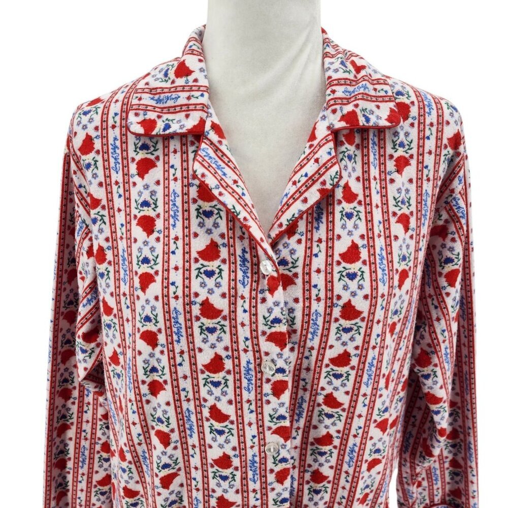 Vintage Lang of Salzburg Womens Small Pajama Shirt Top Flannel Floral Cardinal - Picture 2 of 8